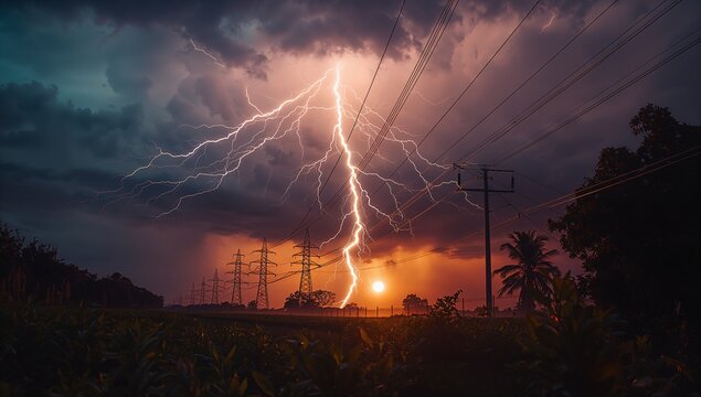 Striking lightning bolt flashing across rural field at sunset, with power lines and palm silhouette