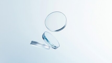 A group of round, clear glass plates are arranged in an elegant, hovering composition against soft backdrop