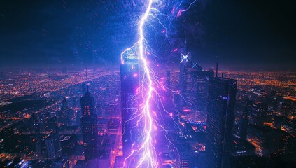 Striking jagged lightning bolt cutting through dense nighttime urban skyline, with neon city lights