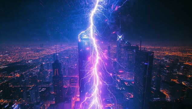 Striking jagged lightning bolt cutting through dense nighttime urban skyline, with neon city lights - Powered by Adobe