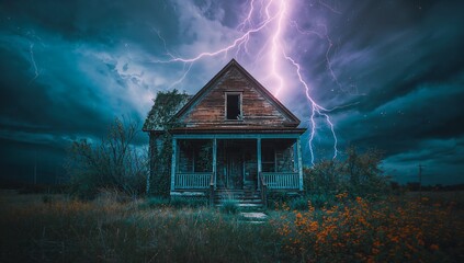 Standing abandoned house with sagging porch in grassy field, with lightning and orange flowers