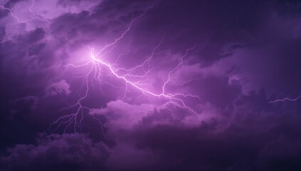 Branching lightning bolt slicing through open outdoor sky, with dense purple thunderstorm clouds
