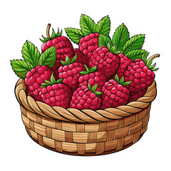 Basket of ripe raspberries with green leaves