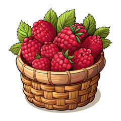 Basket of ripe raspberries with green leaves