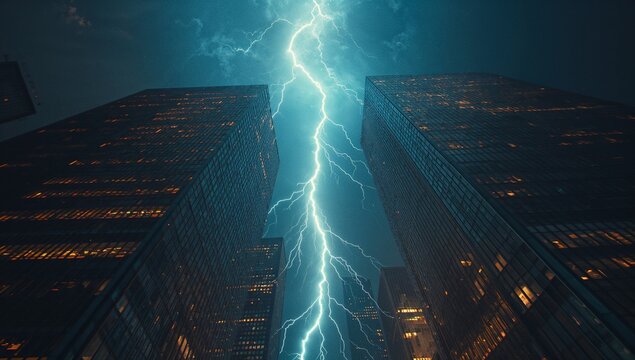 Illuminating lightning bolt cutting through stormy sky above urban street, glass towers framing - Powered by Adobe