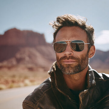 Confident man with aviator sunglasses, leather jacket, in desert. Road reflection. Symbol of adventure, freedom, rugged style. Great for travel, fashion.