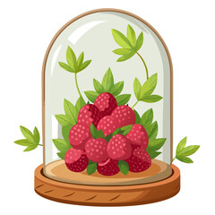 A delightful display of raspberries under a glass dome