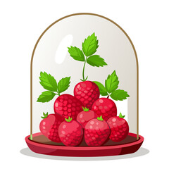 Fresh raspberries with green leaves under a glass dome