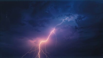 Striking jagged lightning bolt casting purple glow across nighttime landscape, with storm clouds