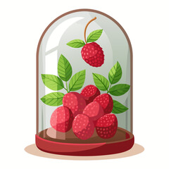 A glass dome with raspberries and leaves, a sweet treat