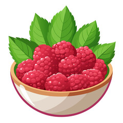 Bowl of fresh raspberries with green leaves