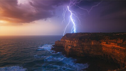 Lightning bolt forking storm clouds by rocky cliff at dusk, with ocean waves crashing, copy space