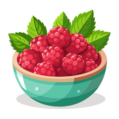 Bowl of fresh raspberries with green leaves