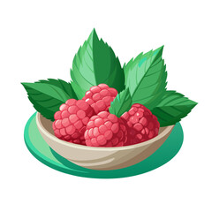 A bowl of fresh raspberries with green leaves