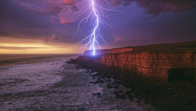 White-purple lightning bolt striking red-brown cliff at dusk with storm-clouds crashing waves