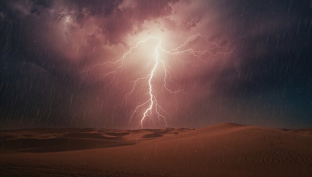 Flashing lightning bolt striking sand dunes in desert landscape, with storm clouds and rain