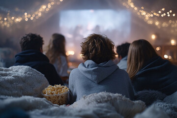Friends gathered indoors, watching a movie in a cozy homemade fort with fairy lights. The bucket of popcorn adds a touch of fun and youthful camaraderie. Perfect for leisure ads.