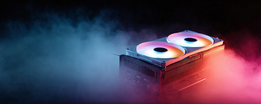Futuristic computer hardware with vibrant lights and cooling. Hightech, modern, and visually striking. Great for tech blogs, gaming sites, or product showcases.