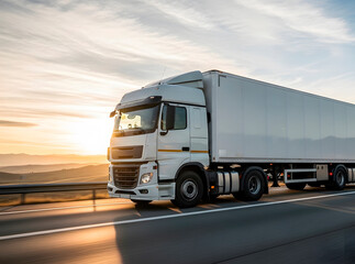 White semi truck driving on highway through green nature and mountains. Commercial vehicle transport for logistics and freight shipping.
