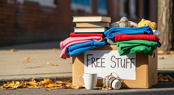 Cardboard Box Marked as Free Stuff is Arranged Neatly on the Sidewalk, Filled With Books, Clothing, and Various Small Household Items