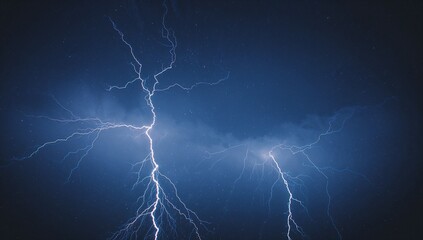 Flashing branching lightning bolts illuminating night sky in open field, with storm clouds