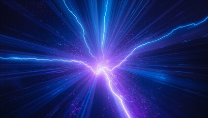 Fototapeta premium Radiating central neon energy burst casting lightning arcs in deep-space, with blue and purple hues