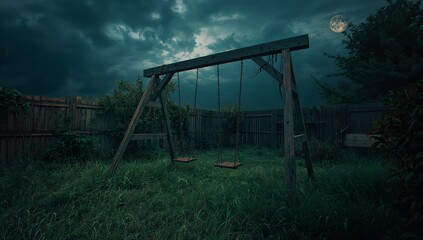 Fototapeta premium Standing worn wooden swing set swaying in overgrown backyard, with picket fence and full moon