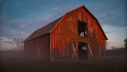 Obraz premium Red wooden barn standing in rural misty field, with climbing vines, open barn doors, bare trees