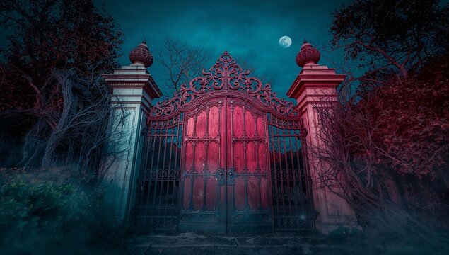 Standing red wrought iron gate at entrance under moonlit sky with stone pillars, climbing vines - Powered by Adobe