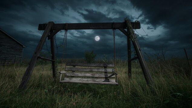 Bench swinging by metal chains from wooden frame support in overgrown grass at night, with shed