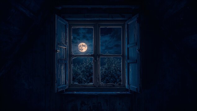 Revealing open shuttered window and chipped sill in attic, displaying full moon and leafy branches - Powered by Adobe