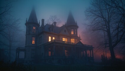 Obraz premium Rising stone mansion displaying turrets and wraparound porch in foggy rural estate, glowing windows