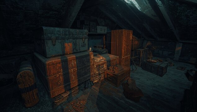 Stacked vintage metal-banded trunks and chests sitting in attic with cardboard boxes