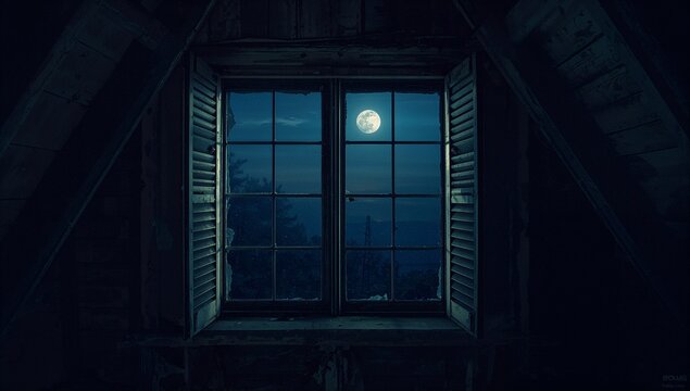 Revealing wooden window shutters showing full moon, clouds, treetops in attic, windowsill and beams
