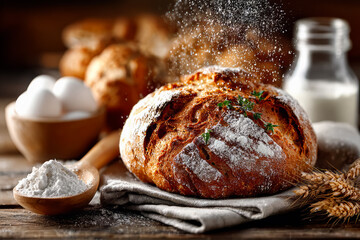 Freshly baked homemade bread loaf sprinkled with flour on rustic wooden table with ingredients and wheat ears