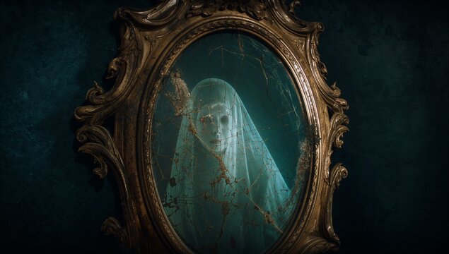 Emerging skeletal figure wearing white veil glowing behind cracked antique oval mirror in teal room - Powered by Adobe