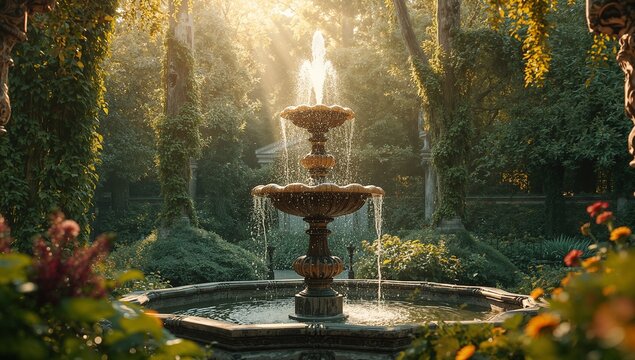 Three-tier stone fountain pouring water in courtyard, with flower beds, climbing vines - Powered by Adobe