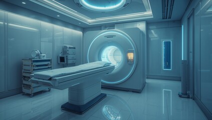 MRI scanner with circular bore and bed standing in imaging suite, equipment rack, control panel