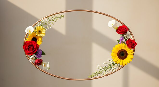 Floral Oval Frame with Sunflowers and Roses for Elegant Designs.