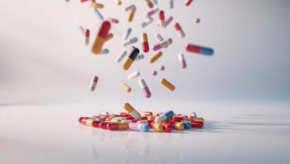 Obraz premium Floating multicolored capsules and tablets over glossy tabletop, showing vibrant pharmaceutical mix