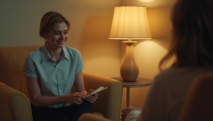 Leaning consultant woman holding notepad and pen in mustard armchair office, with table lamp