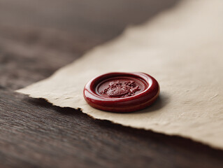 A vintagestyle wax seal on parchment paper resting on a wooden surface evokes authenticity, history, and trust. Ideal for conveying quality, assurance, or oldworld charm.