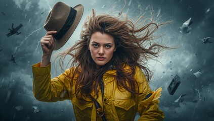 Bracing woman wearing yellow rain jacket holding brown fedora amid storm clouds papers and aircraft