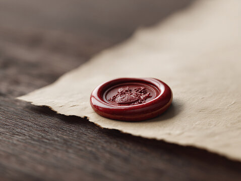 A vintagestyle wax seal on parchment paper resting on a wooden surface evokes authenticity, history, and trust. Ideal for conveying quality, assurance, or oldworld charm.