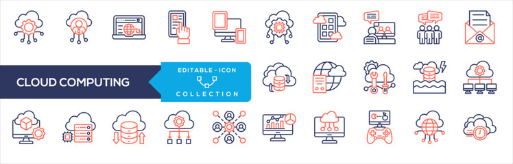 Cloud Computing Line Color Icon Collection. Cloud Services, Cloud Clients, Web Browser, Mobile App, Devices, Machines, Cloud Application