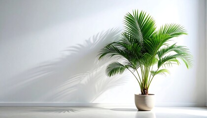 Obraz premium A lush green palm plant in a beige pot stands against a white wall, casting a gentle shadow on the clean surface