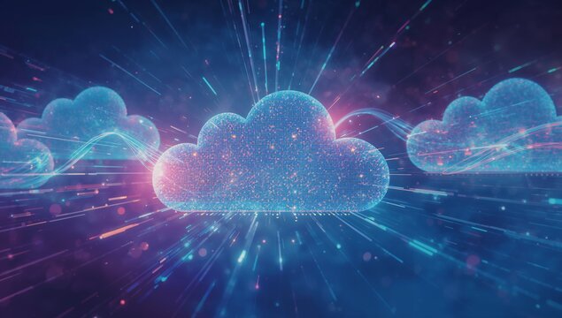 Three stylized cloud icons floating in cosmic data space, with neon wave lines and light bursts - Powered by Adobe