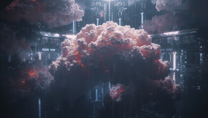 Hovering luminescent cloud mass pulsating inside metallic high-tech chamber, with neon data streams