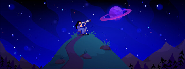 A woman observes celestial objects through a telescope while sitting on a hill at night. © sabelskaya