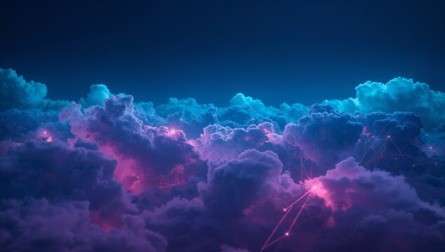 Shimmering cloud formation weaving neon-pink network lines and glowing nodes in night sky, tech art